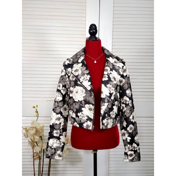 Sam Edelman Moto Jacket Floral Print Vegan Leather Gray Black White Size M 1823 - Picture 4 of 13